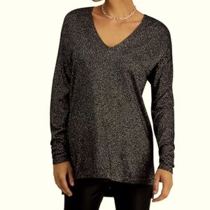 Sparkle Knit V-Neck Sweater Polished Black & Metallic Copper Long Sleeve Sz LG